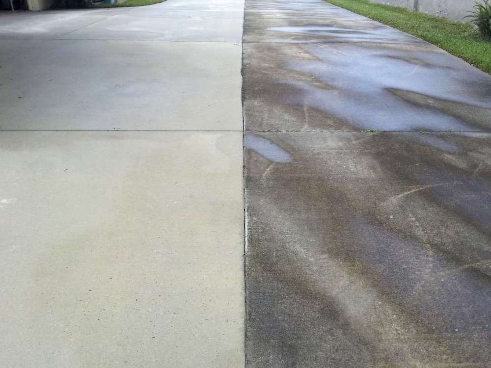 Driveway before and after pressure washing